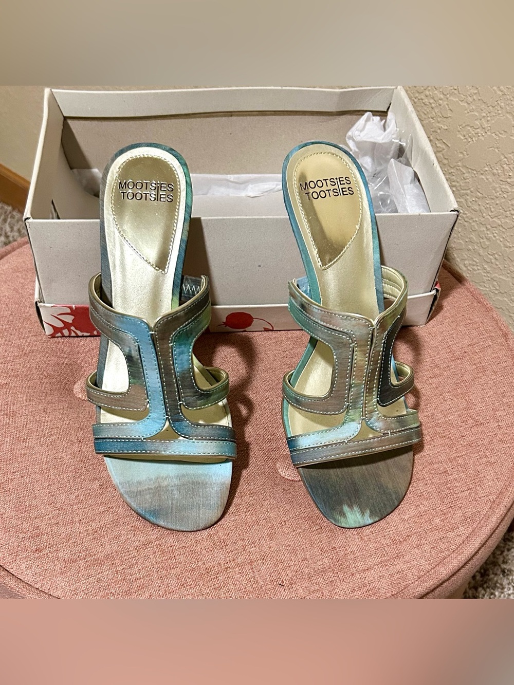 Mootsies Tootsies Iridescent Teal and Bronze Slide Mules